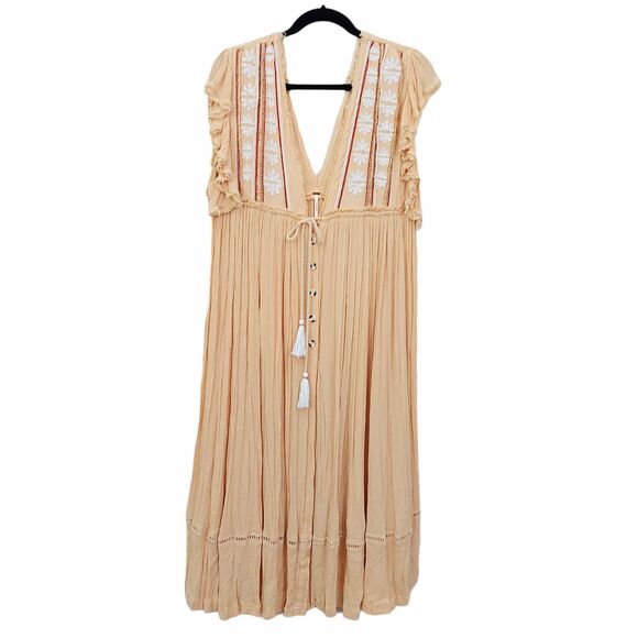 Free People Midi Dress Medium Cream Bali Will Wait For You Bohemian Embroidered - Picture 1 of 12